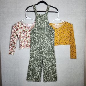 Jenna & Jessie Floral Green Jumpsuit Girls 10 With 2 Longsleeve Floral Tops